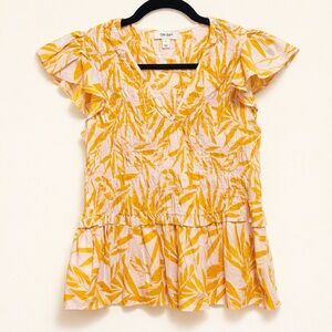 ON 34th Smocked Peplum Cotton Top Pink Yellow Floral L